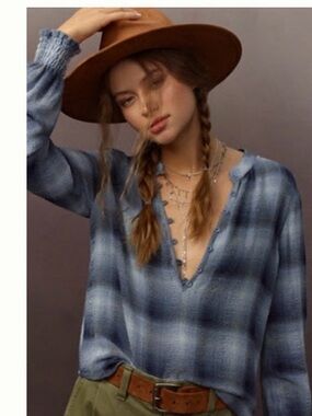 Anthropologie Blue Plaid Henley-Style Long Sleeve Blouse